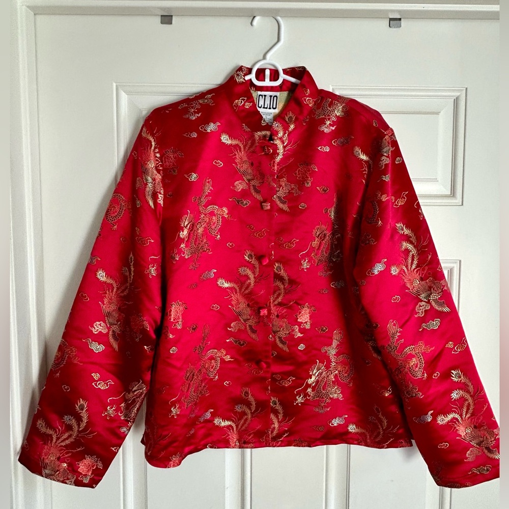 Clio Red Satin Dragon-Print Mandarin Collar Jacket